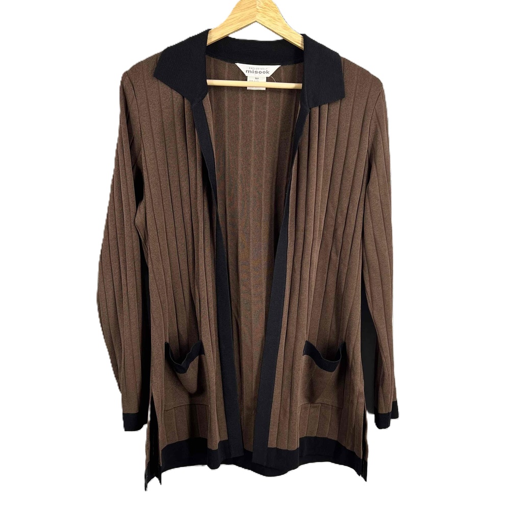 Exclusively Misook‎ Brown Black Ribbed Long Sleeve Open Cardigan XS